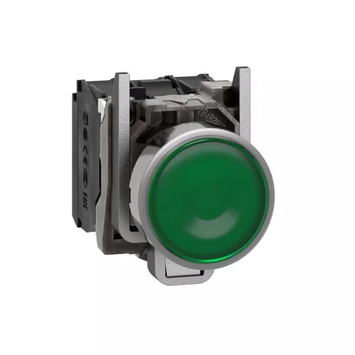 Botão luminoso Ø22mm metálico, retorno por mola, verde, NA+NF, 24VCA/CC