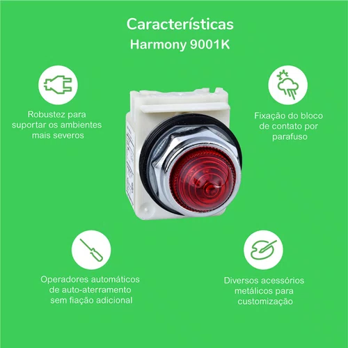 Botão luminoso Ø30mm metálico guarda alta, retorno por mola, LED, verde, NA+NF, 24VCA/CC, 9001K3L35LGGH13