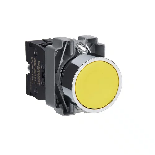 Botão Ø22mm metálico, retorno por mola, amarelo, NA