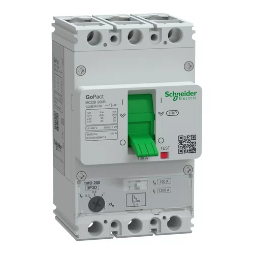 Disjuntor GoPact MCCB 200, 3 polos, 25 kA a 415 VCA, 100A, unidade de disparo TMD, proteção térmica ajustável, até 50 °C