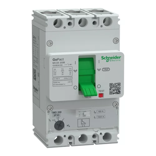 Disjuntor GoPact MCCB 200, 3 polos, 25 kA a 415 VCA, capacidade de 160 A, unidade de disparo TMD, proteção térmica ajustável.