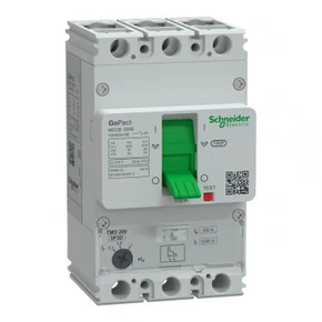 Disjuntor GoPact MCCB 200, 3 polos, 25 kA a 415 VCA, 100A, unidade de disparo TMD, proteção térmica ajustável, até 50 °C